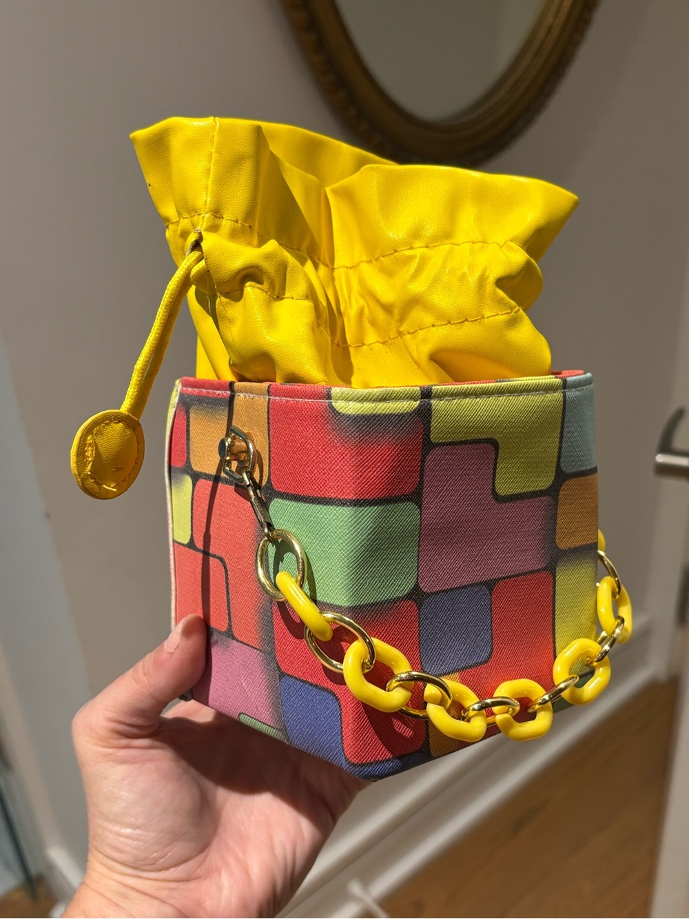 Vintage multicolor mod Drawstring box bag with Colorblock Geometric Print
